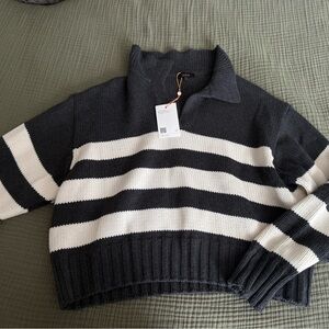 Quince Black and White Striped Turtleneck Sweater